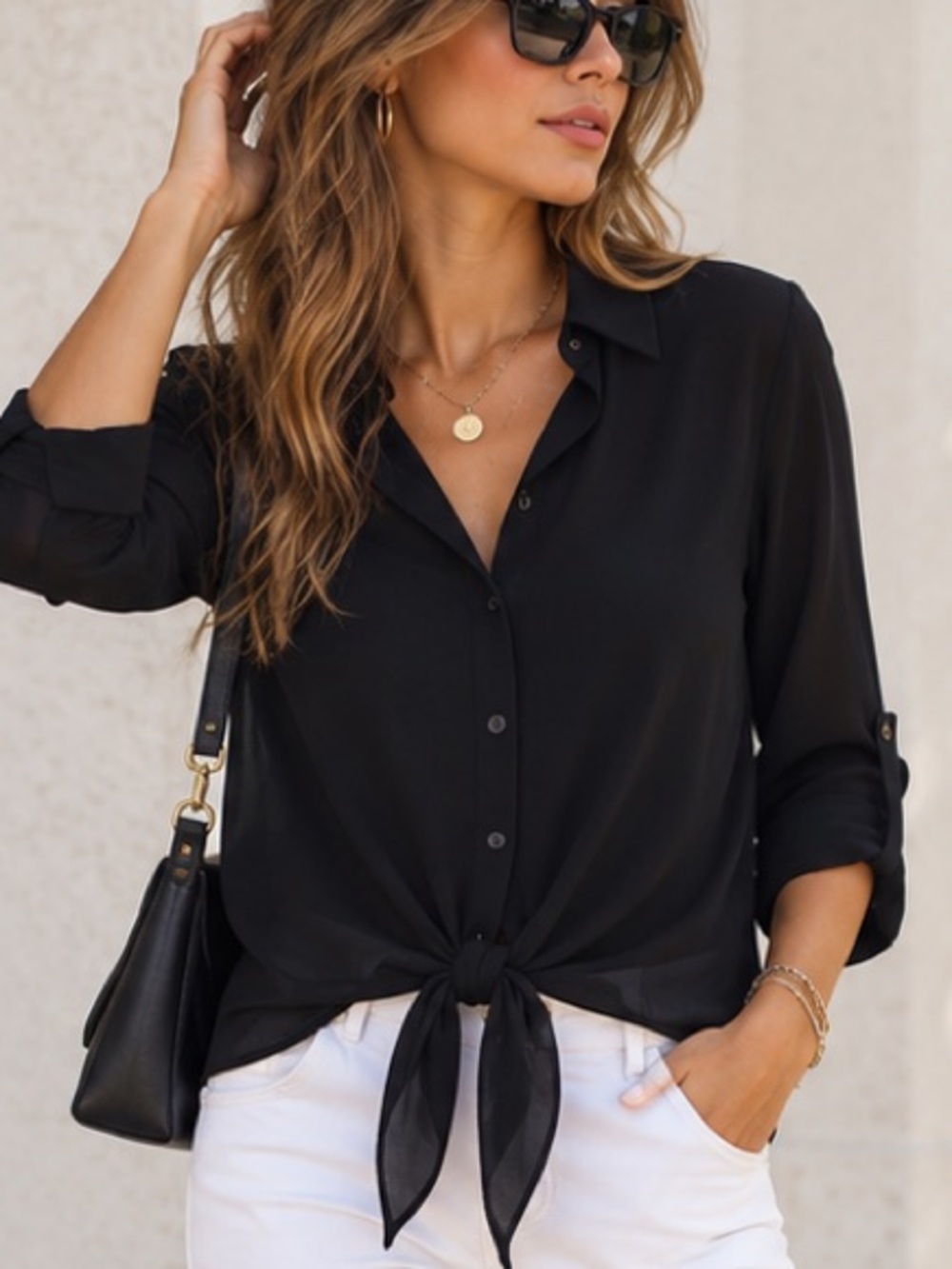🍏MAKE OFFER🍏 Chico's Black Tie-Front Button Down Blouse Top Size 0 Small